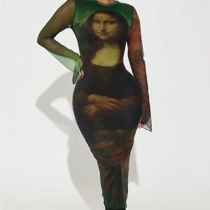 Fashion Nova Brown Green Long Sleeve Bodycon Dress